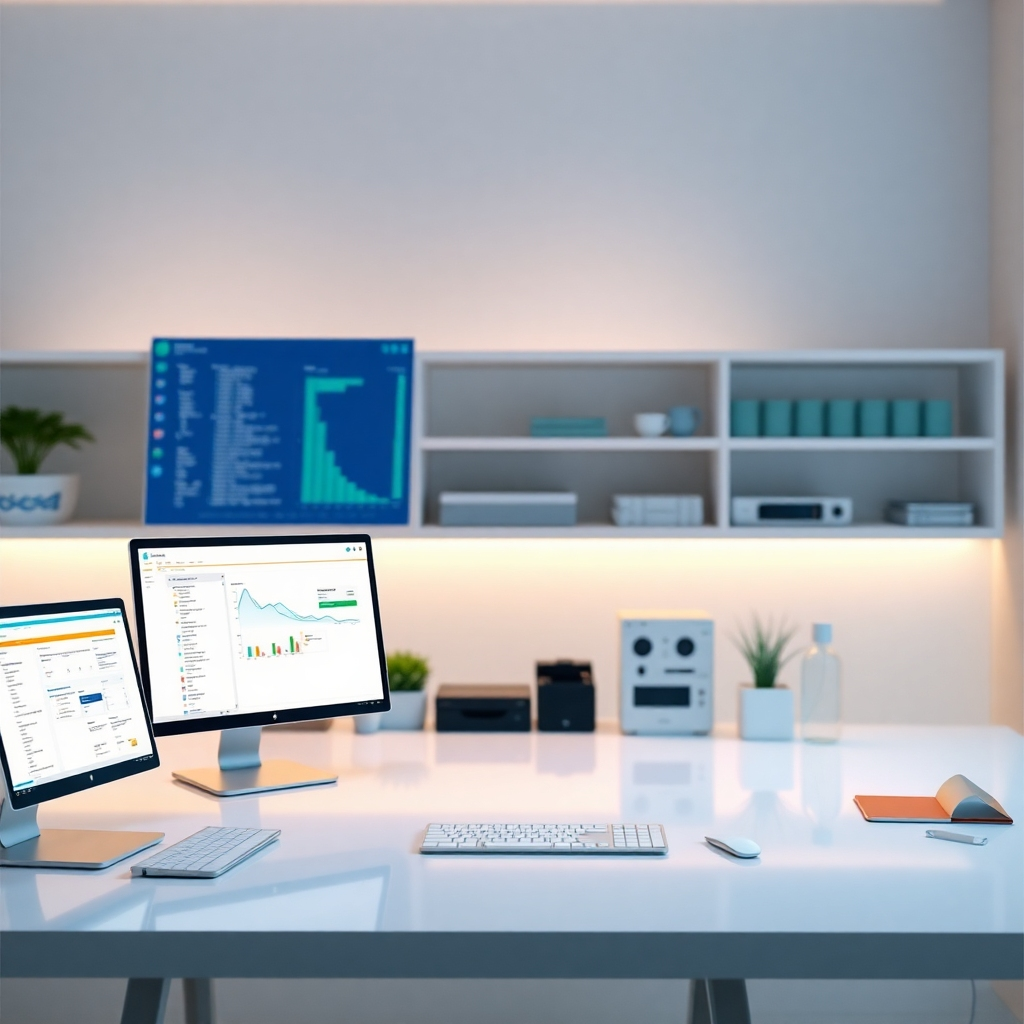 A photorealistic, 4K resolution image, depicting a clean and organized digital workspace. The image should emphasize efficiency and ease of data management. The lighting should be soft and inviting. The composition should be orderly and demonstrate the efficacy of the platform's data management features.