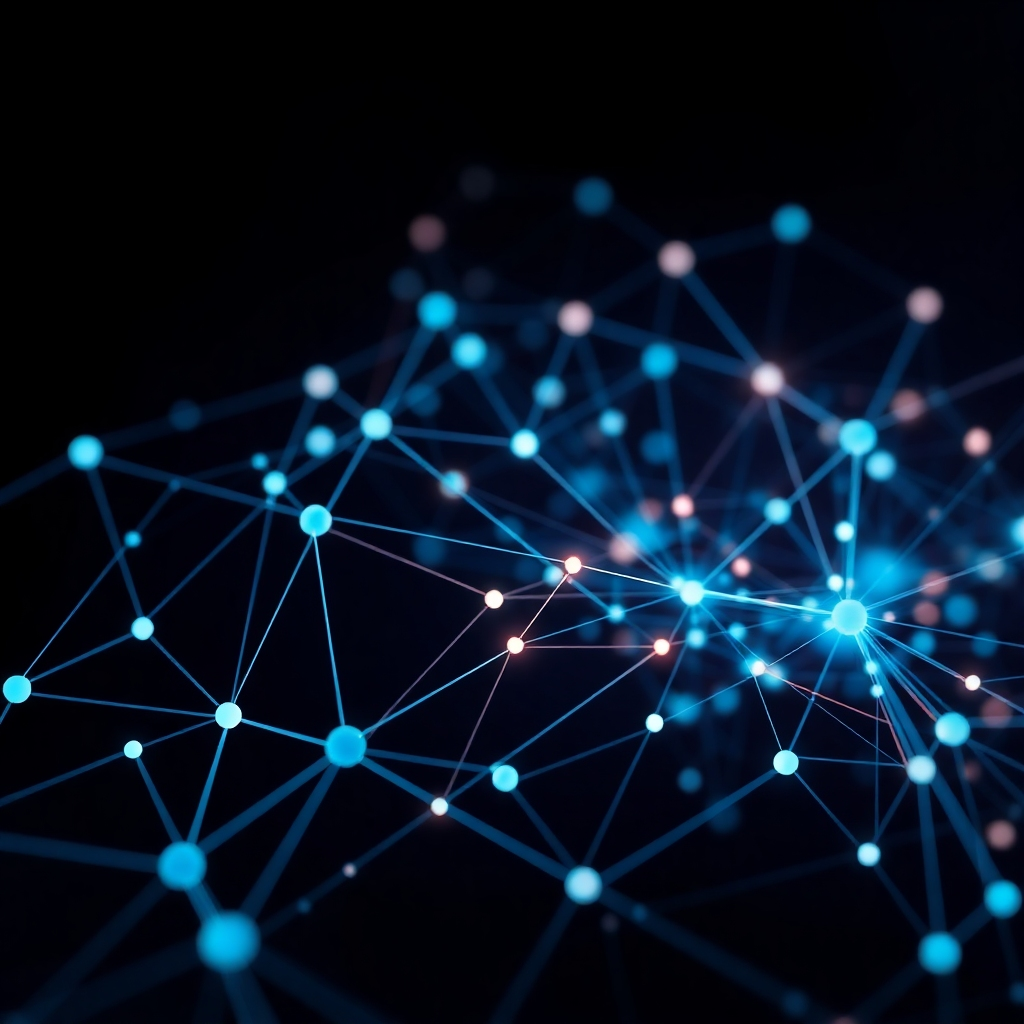 A photorealistic image, 4K resolution, showing interconnected nodes representing researchers, academic papers, and data sets, all connected by vibrant lines of data flow. The color palette should be cool and sophisticated, with a dark background to highlight the data connections. The lighting should be subtle, emphasizing the clarity of the connections. Style references can be drawn from modern network visualization. The composition should be clean and easy to understand. The focus should be on the intricate connections between researchers and data resources.