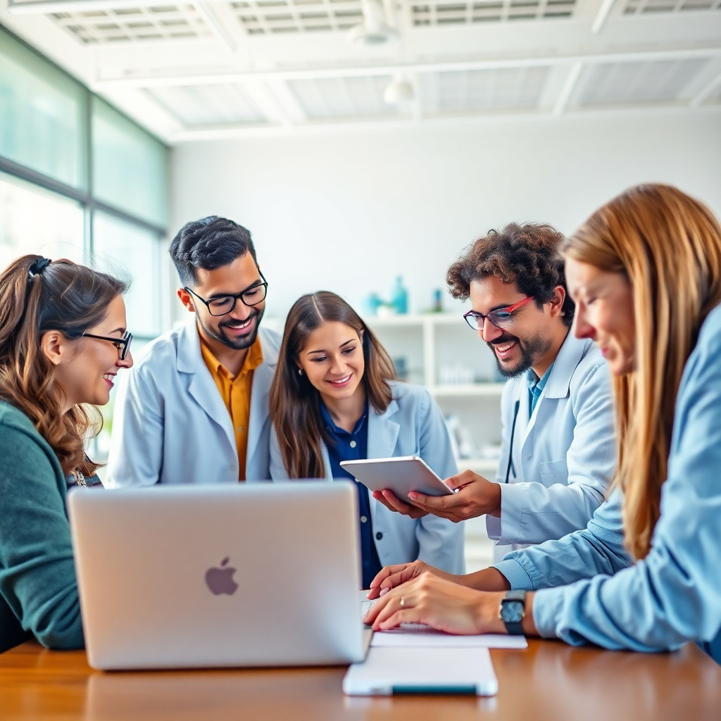 A photorealistic image, 4K resolution, showing a group of diverse researchers collaborating on a project using the platform. The image should portray a collaborative and inclusive environment. The color palette should be bright and welcoming. The lighting should be natural and well-balanced. The composition should highlight the ease and effectiveness of the collaboration. Style references can be drawn from photos that represent modern research teams. The focus should be on conveying a collaborative spirit and technological ease.